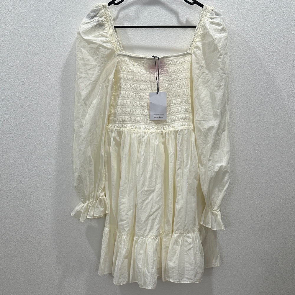 Elegant Ivory Cream Smocked Bodice Minidress long puff sleeve peasant Spring - Picture 3 of 8